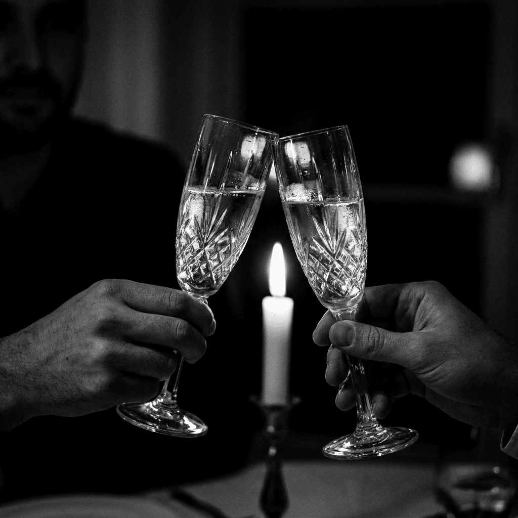 Crystal glasses raised at a private dinner