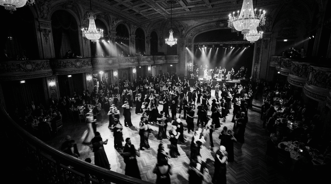 The Grand Gala, guests beneath chandeliers