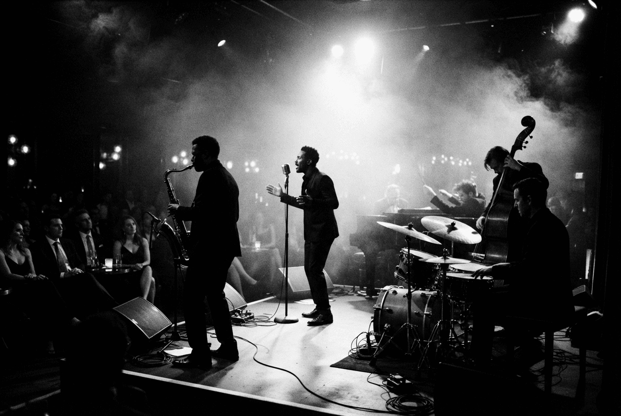 Jazz band performing beneath stage lights