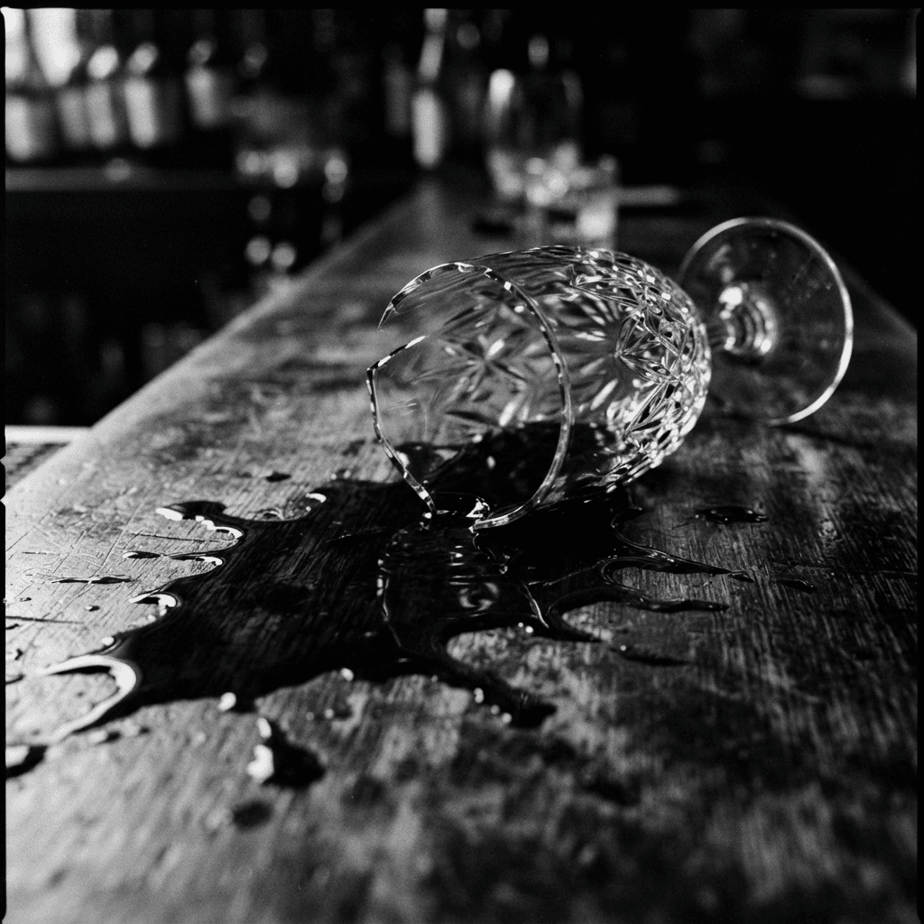 A spilled glass of wine on a dark table