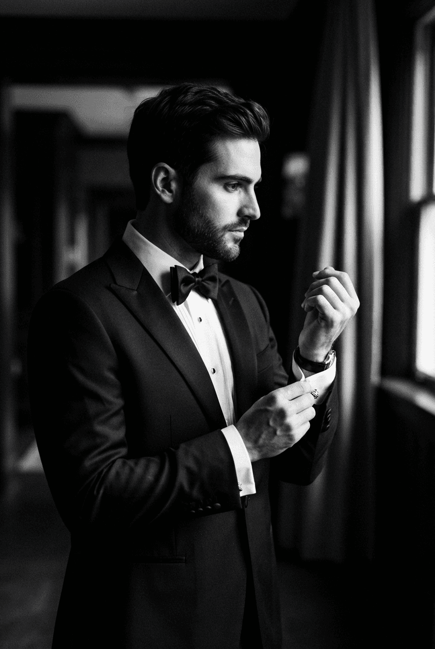 Groom adjusting his bow tie in dramatic light