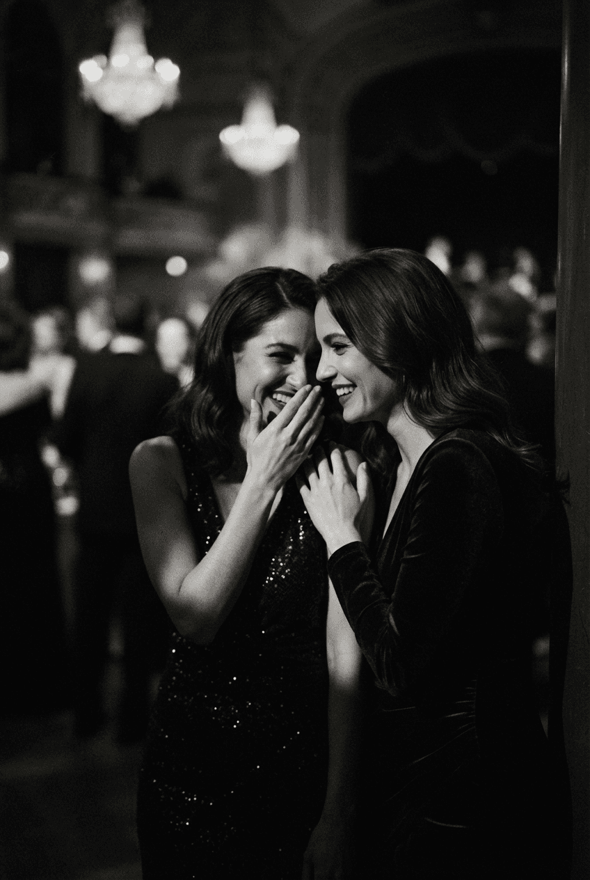 Two gala guests sharing a private laugh